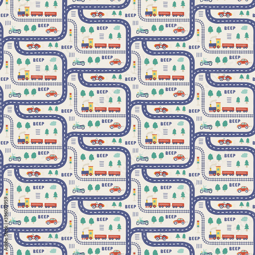 Little boy hand-drawn cute colorful seamless railway train pattern