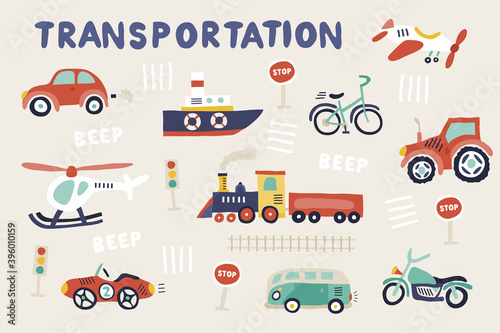 Little boy hand-drawn cute colorful transportation bundle