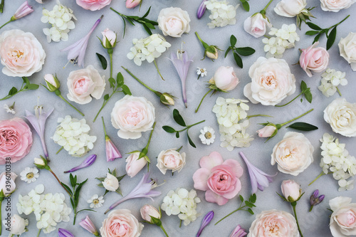 Fototapeta Naklejka Na Ścianę i Meble -  Delicate blossoming pink rose frame, blooming flowers pastel festive background, soft bouquet floral card, toned