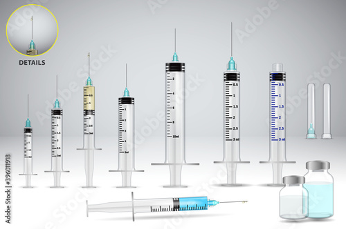 set of realistic covid-19 vaccine injection or realistic vaccine ampule syringe or covid-19 prevention concept. eps 10 vector, easy to modify