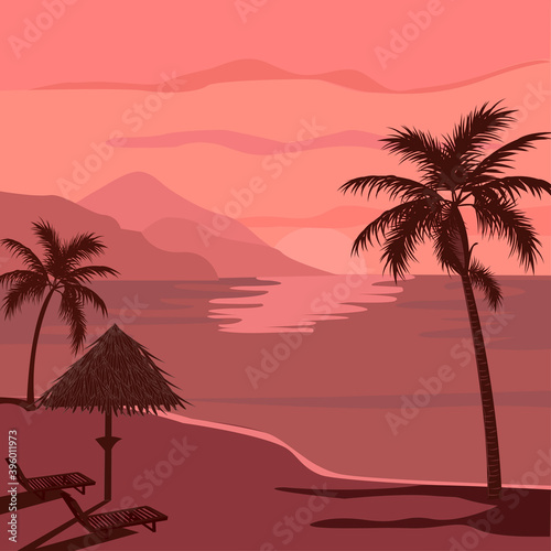 Vector flat illustration of a beach with sun loungers and a wooden umbrella on the background of the sea and mountains