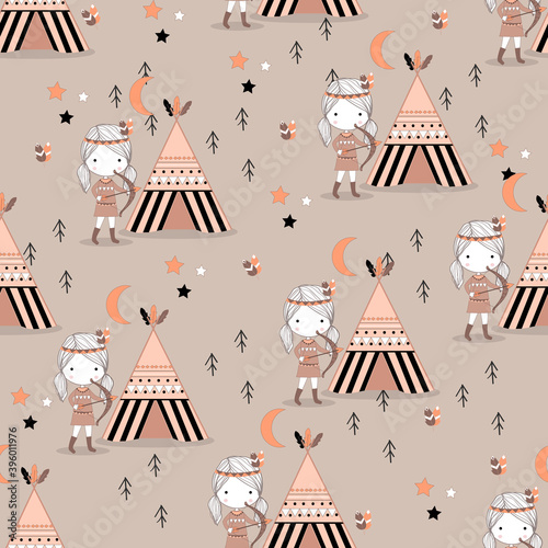 Seamless pattern with wigwam and girl. Flat illustration