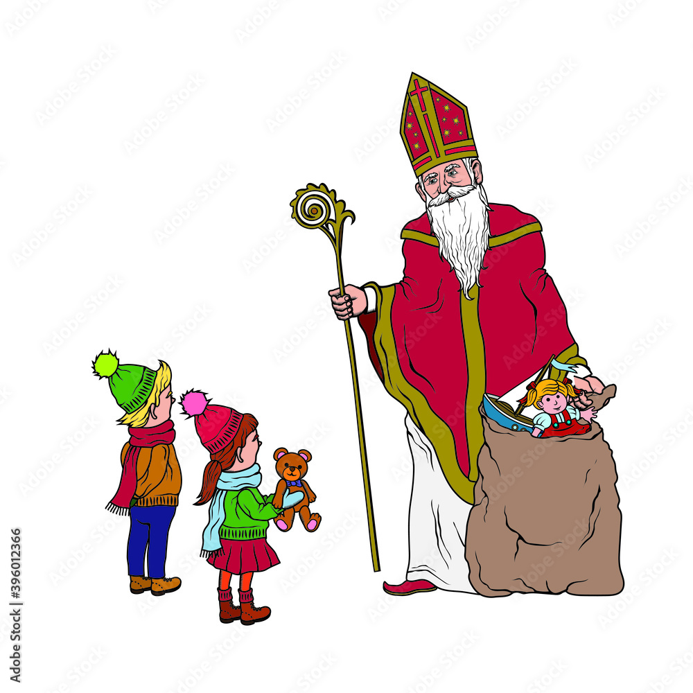 vector illustration of saint nicholas with children