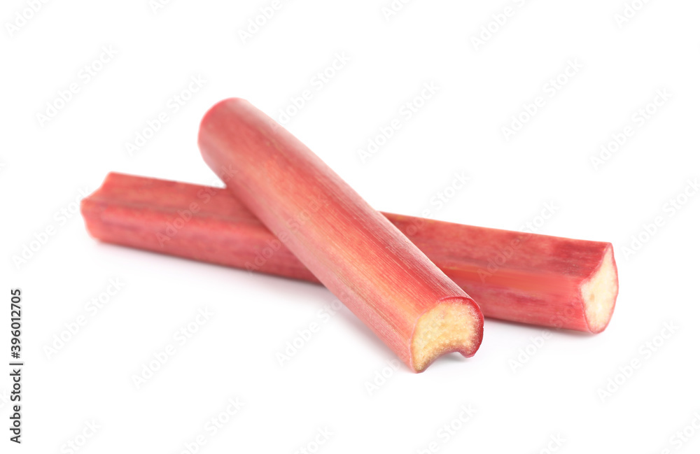 Fresh ripe rhubarb stalks isolated on white