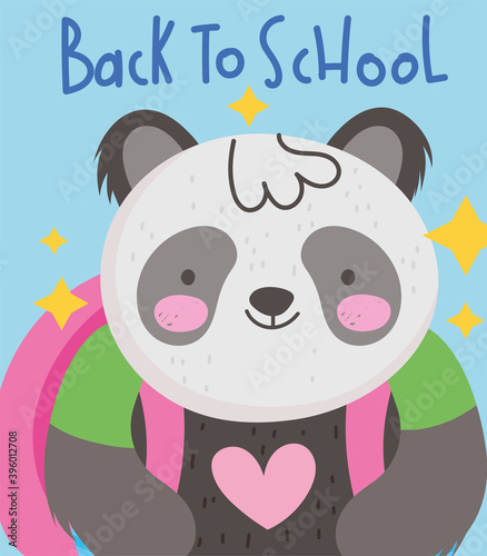 back to school, panda with backpack and handwritten text cartoon