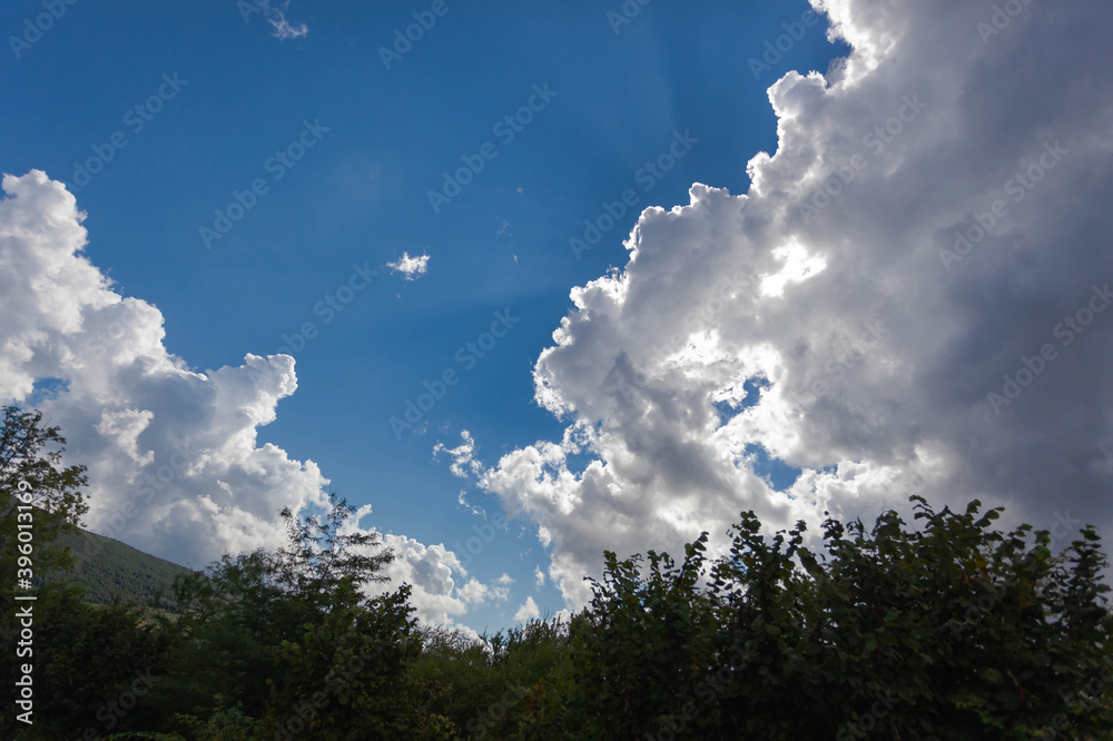 Bright blue sky with white clouds, through the clouds the sun shines, at the bottom of the frame green branches of trees Bright blue sky with white clouds, through the clouds the sun shines, at the bottom of the frame green branches of trees