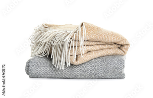 Different stylish soft plaids on white background