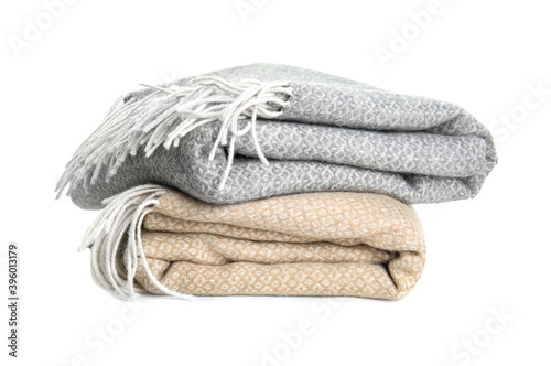 Different stylish soft plaids on white background