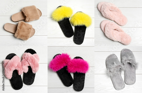 Collage with different soft slippers on white wooden background, top view