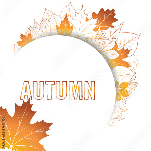 Autumn sale horizontal banner with isolated golden frame and gold autumn leaves. Vector illustration white isolated poster background.