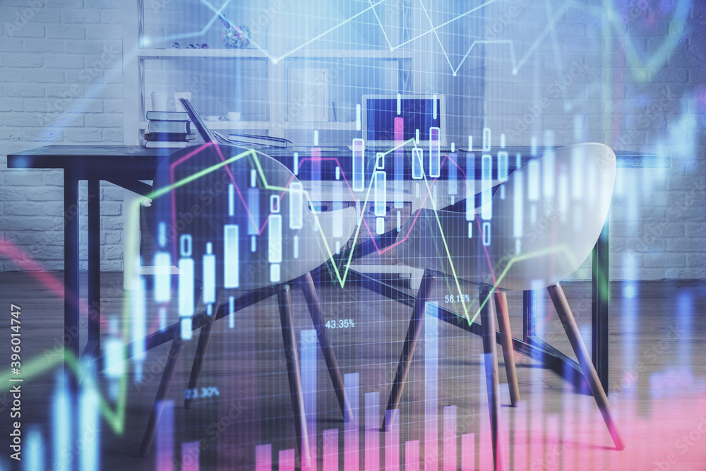 Multi exposure of financial graph drawing and office interior background. Concept of market analysis. Multi exposure of financial graph drawing and office interior background. Concept of market analysis.