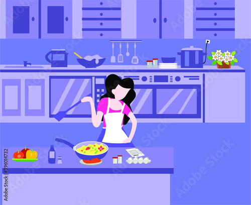 mom cook healthy food at home. vector illustration