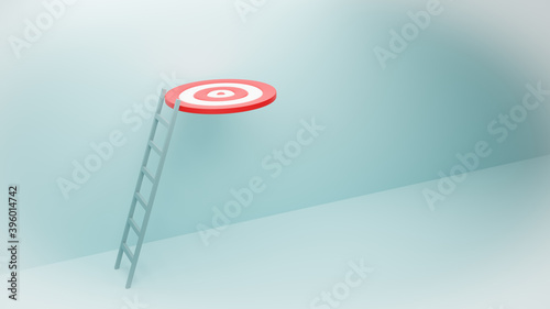 3D illustration rendering. Business target concept. A red and white target board and the ladder in the blue room.