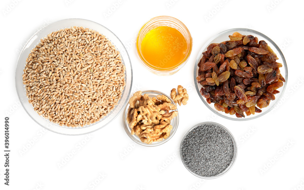 Ingredients for traditional kutia on white background, top view Ingredients for traditional kutia on white background, top view