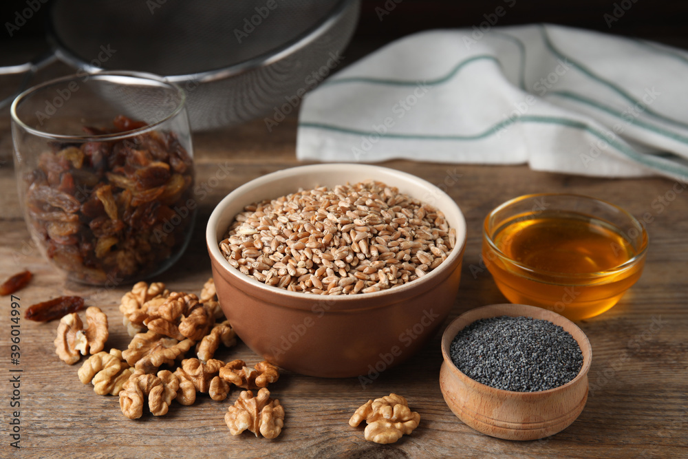 Ingredients for traditional kutia on wooden table Ingredients for traditional kutia on wooden table