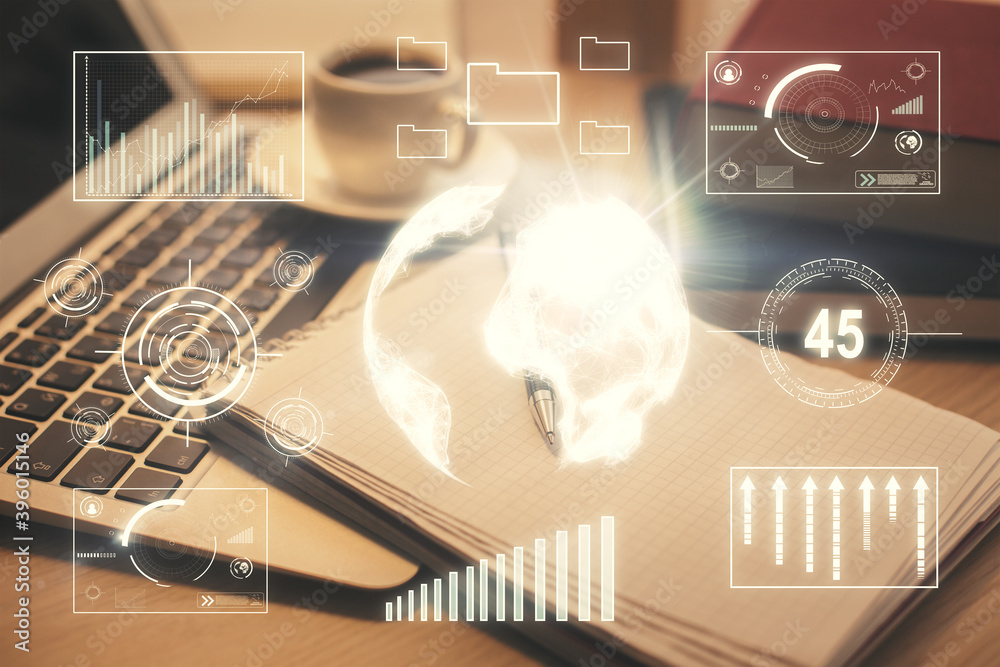 Double exposure of forex chart drawing and desktop with coffee and items on table background. Concept of financial market trading Double exposure of forex chart drawing and desktop with coffee and items on table background. Concept of financial market trading