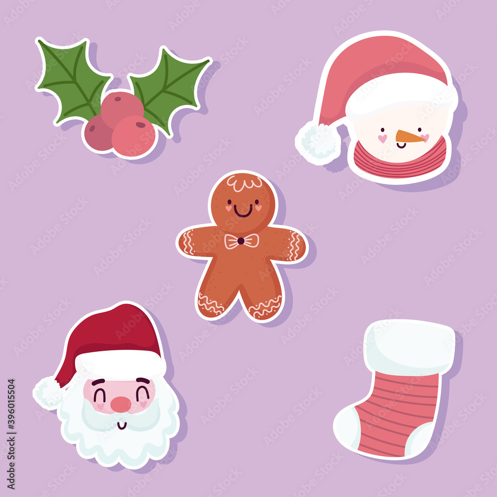 Fototapeta premium merry christmas icons set santa snowman faces gingerbread man and sock