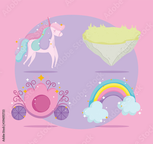 cute unicorn rainbow princess carriage and ground icons