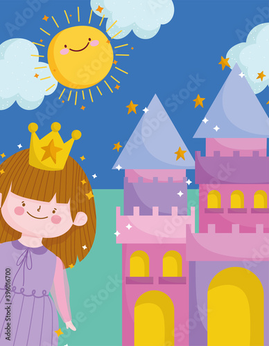 cute princess with crown and castle sunny day cartoon