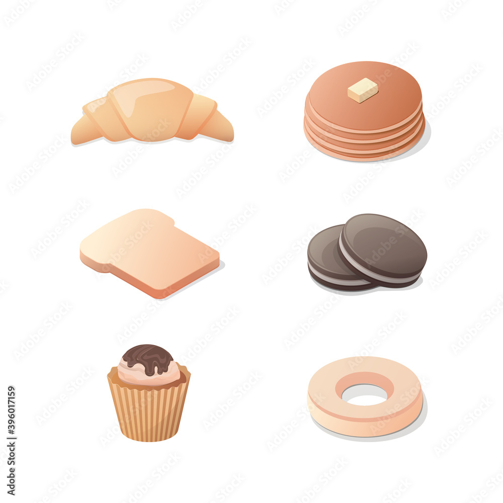 Bakery products set. Colored vector illustration. Isolated on white background.