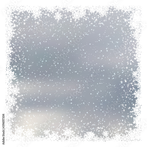 Christmas and New Year cloudy sky with snowfall vector background