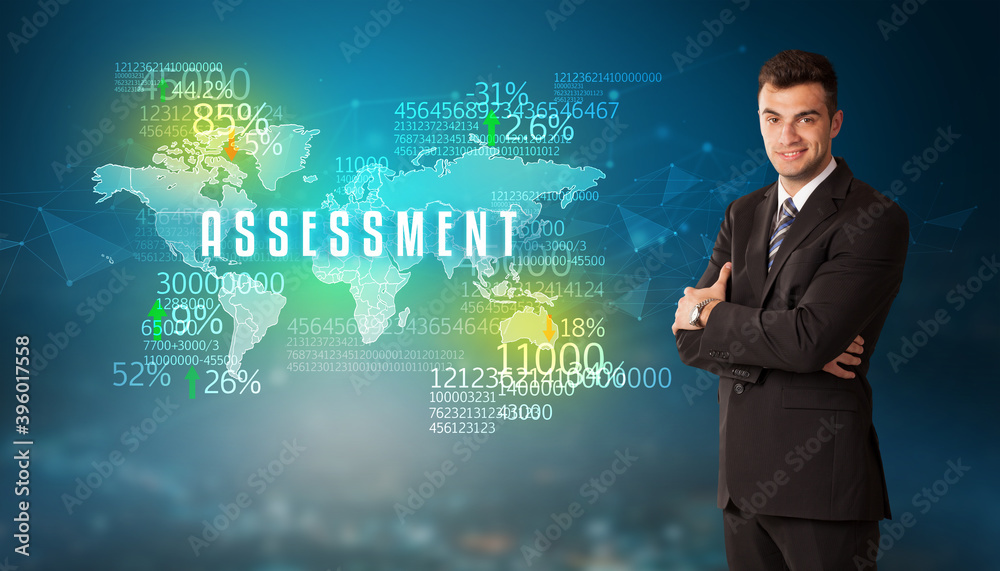 Businessman in front of a decision with ASSESSMENT inscription, business concept Businessman in front of a decision with ASSESSMENT inscription, business concept