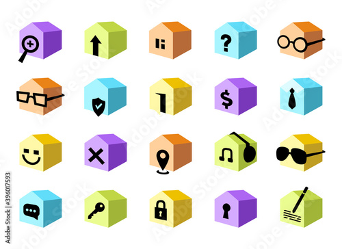 Real Estate icons set 3d cube house perspective