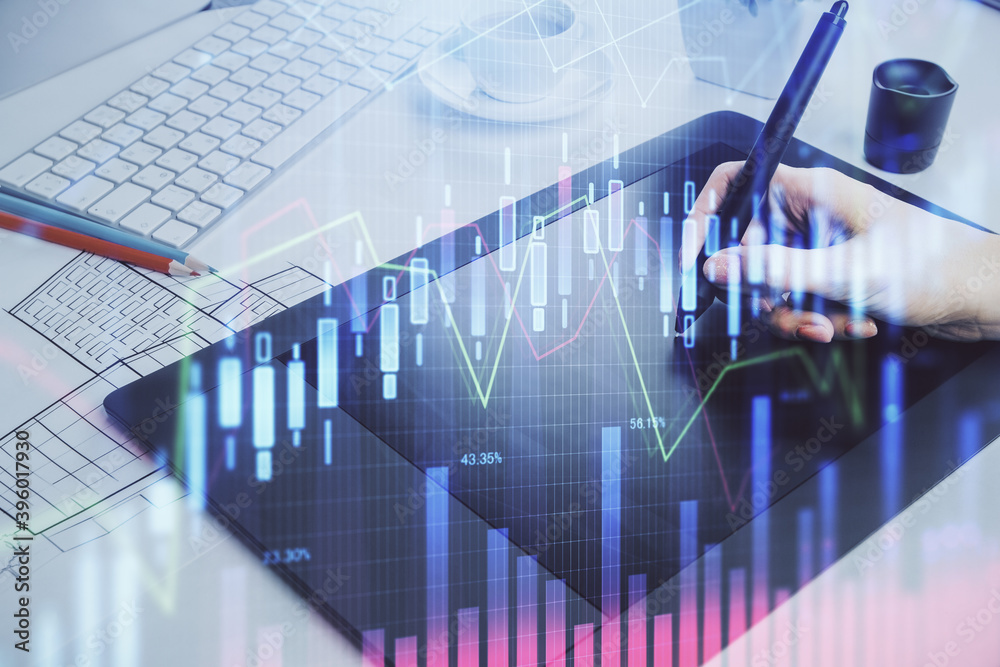 Double exposure of financial graph sketch hologram and woman holding and using a mobile device. Stock exchange concept. Double exposure of financial graph sketch hologram and woman holding and using a mobile device. Stock exchange concept.