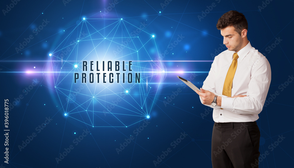 Businessman thinking about security solutions with RELIABLE PROTECTION inscription Businessman thinking about security solutions with RELIABLE PROTECTION inscription