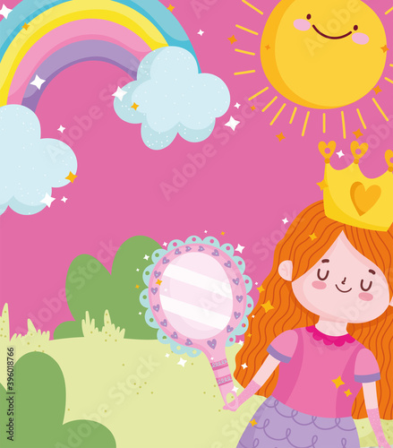 cute princess with mirror crown rainbow and sun cartoon