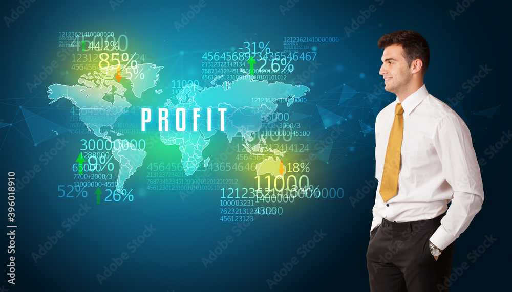Businessman in front of a decision with PROFIT inscription, business concept Businessman in front of a decision with PROFIT inscription, business concept