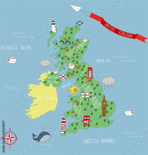 Cartoon map of the United Kingdom. Children poster.