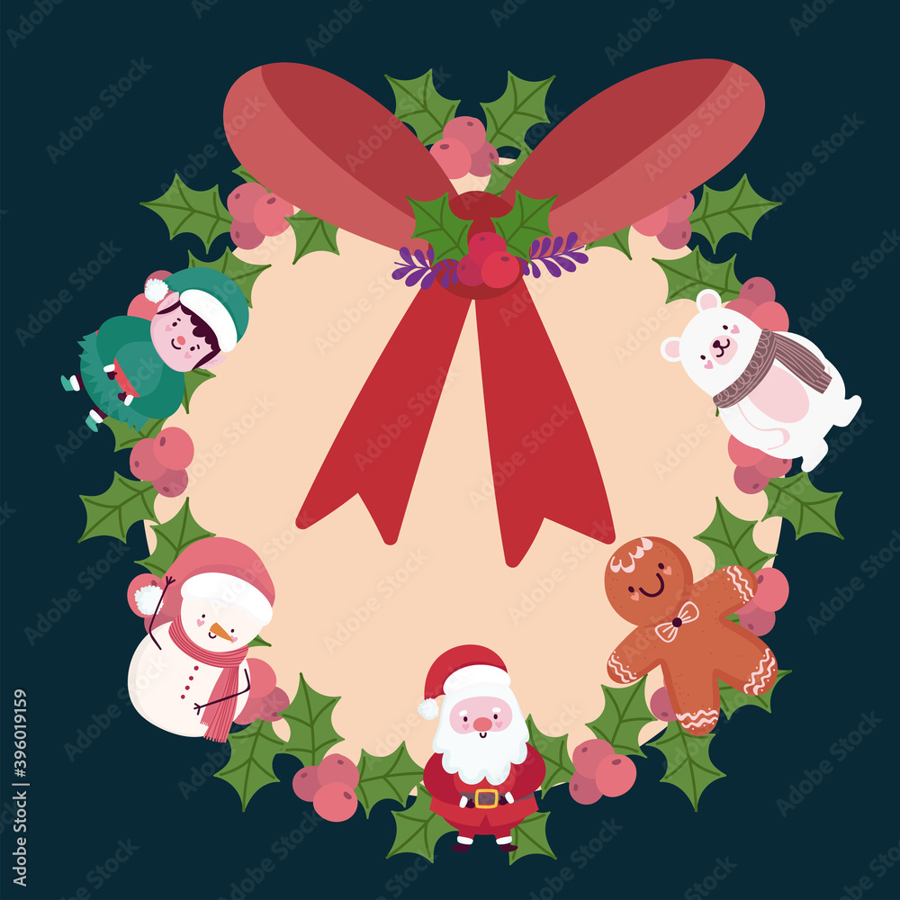 Naklejka premium merry christmas decorative wreath with santa snowman bear and helper cartoon