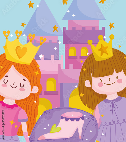 cute little princess with crown shoe and castle fantansy cartoon