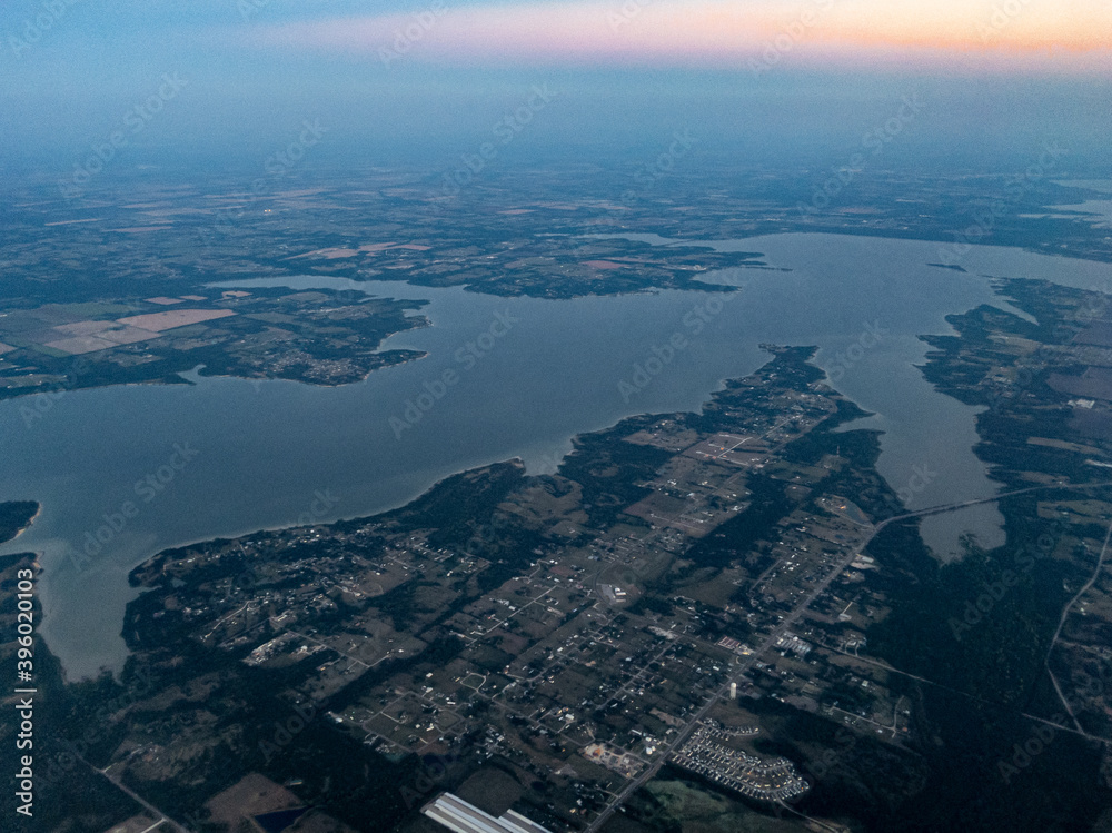 Aerial view of lake in Texas at sunset