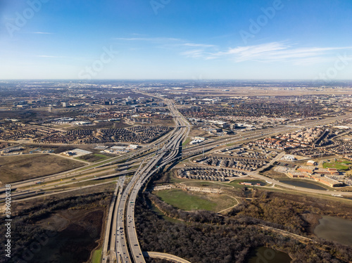 Aerial view of busy overlapping highways in Dallas, Texas