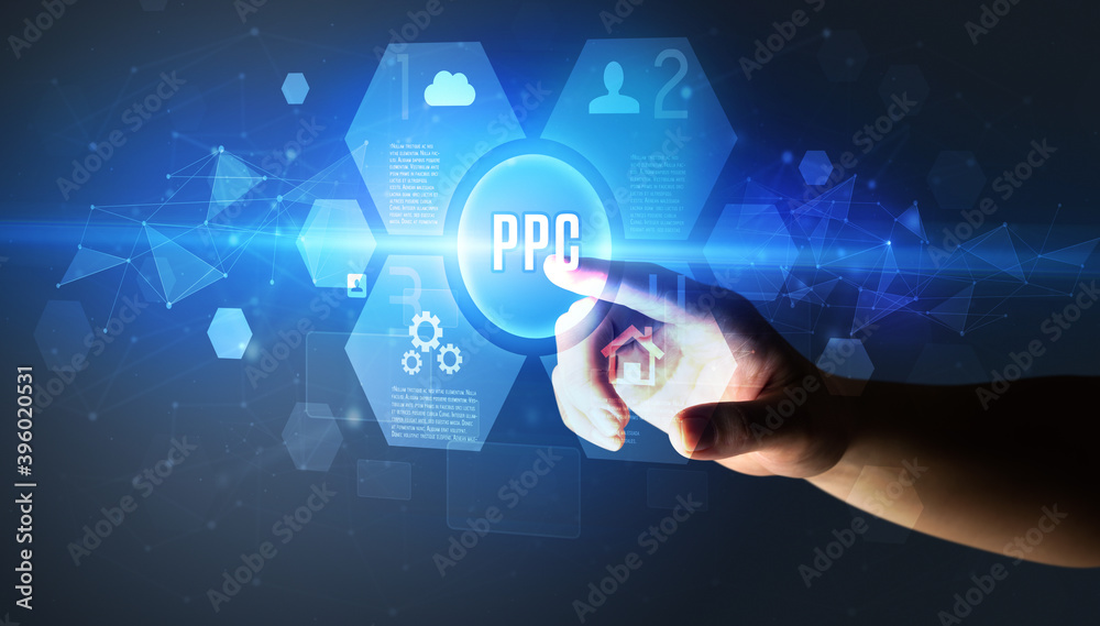 Hand touching PPC inscription, new technology concept Hand touching PPC inscription, new technology concept