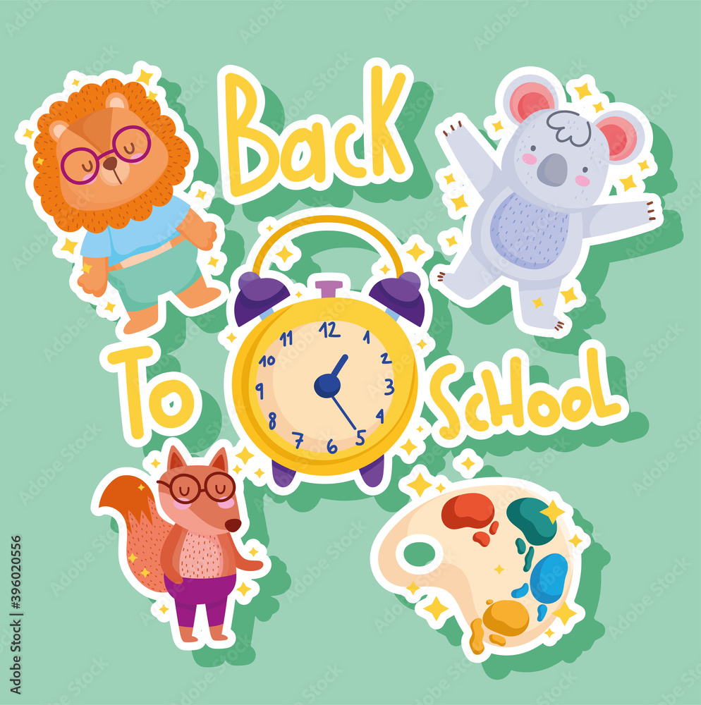Naklejka premium back to school, education cute animals and clock cartoon