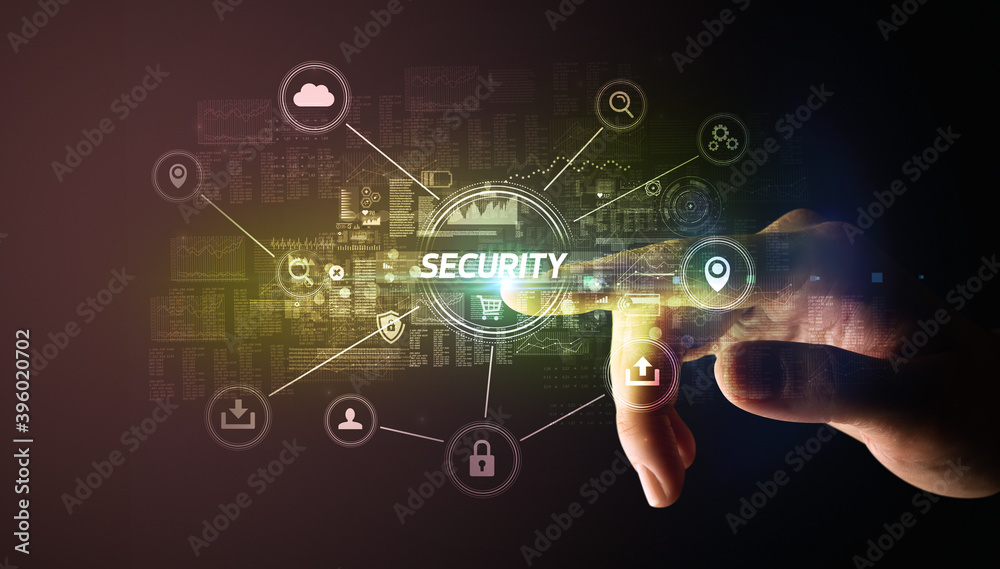 Hand touching SECURITY inscription, Cybersecurity concept Hand touching SECURITY inscription, Cybersecurity concept