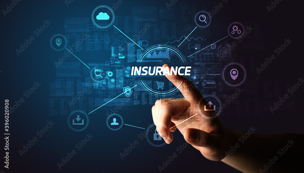 Hand touching INSURANCE inscription, Cybersecurity concept Hand touching INSURANCE inscription, Cybersecurity concept