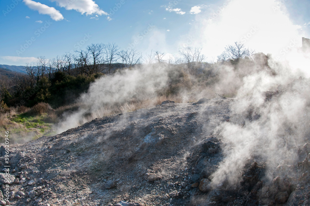 Natural geothermal phenomena at Naturalistic Park of Biancane near Monterotondo Marittimo, Tuscany, Italy.
