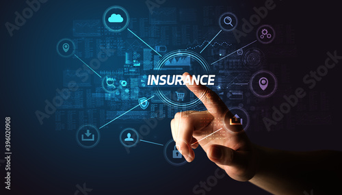 Hand touching INSURANCE inscription, Cybersecurity concept
