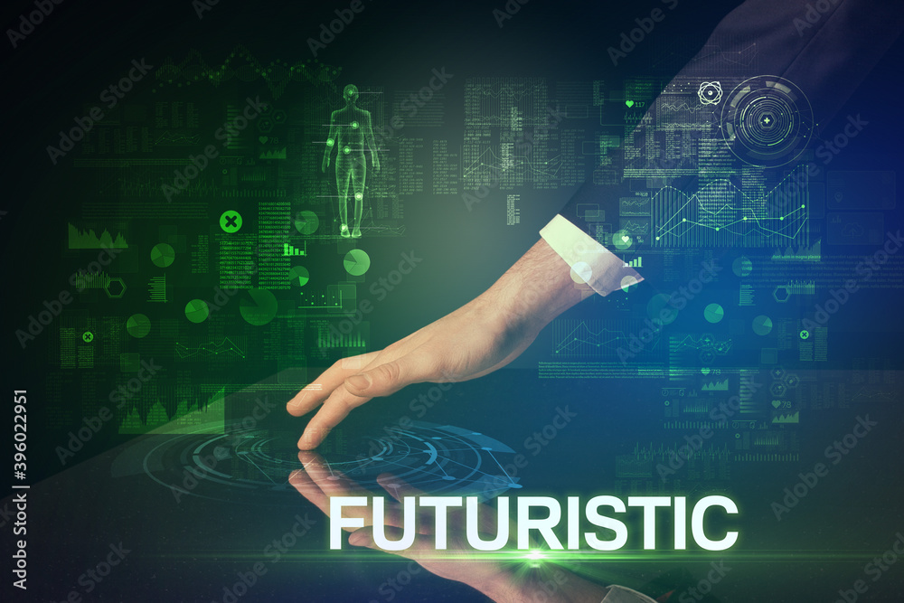 Businessman touching huge display with FUTURISTIC inscription, modern technology concept Businessman touching huge display with FUTURISTIC inscription, modern technology concept