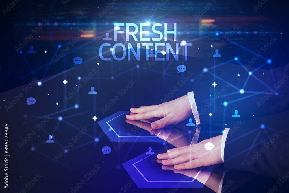 Navigating social networking with FRESH CONTENT inscription, new media concept Navigating social networking with FRESH CONTENT inscription, new media concept