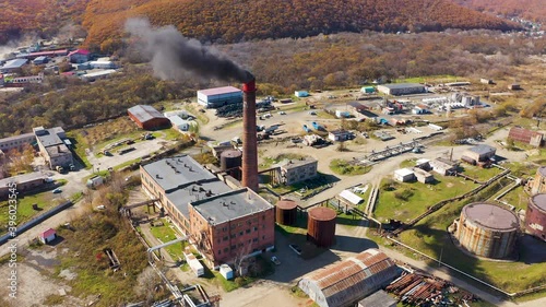 Boiler room and pipe starting to smoke filmed on a drone