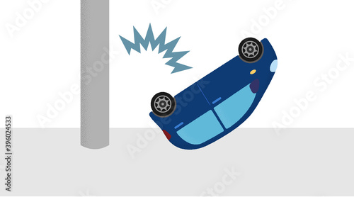 交通事故のベクターイラスト　電柱に衝突する乗用車