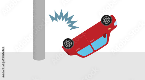 交通事故のベクターイラスト　電柱に衝突する乗用車