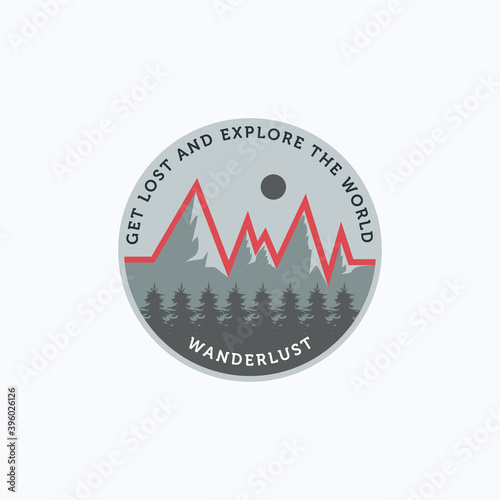 Vector illustration of cardiograph shaped mountain with pine forest and sun logo design