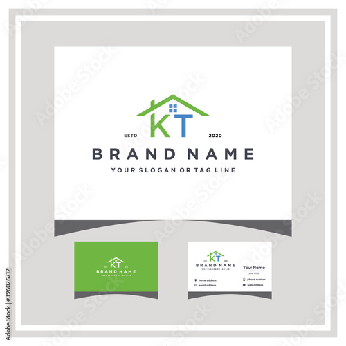 letter KT roof logo design and business card vector