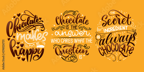 Chocolate hand lettering quotes set. Colorful Christmas word composition. Vector design elements for t-shirt, bag, poster, card, sticker and menu